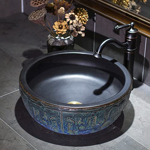 CCYENG Ceramic Art Bathroom Vessel Sink Round, Industrial Style Sink Retro For Cloakroom Bathroom, Hand-carved Counter Top Washbasin 41 * 41 * 15cm