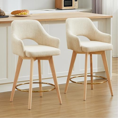Zesthouse Swivel Counter Stools Set of 2, Wooden Counter Height Bar Stools with Back & Arm, Upholstered Linen Fabric Barstools with Solid Wood Leg & Gold Footrest, Beige High Chairs for Kitchen Island