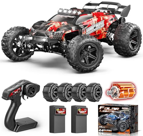 YESHIN Voitures RC 1:14 pour Adultes, Camion Monstre Électrique Tout-Terrain Max 40 km/h, Voiture RC Haute Vitesse Imperméable 4WD Télécommandée avec 2*Batterie, Rouge