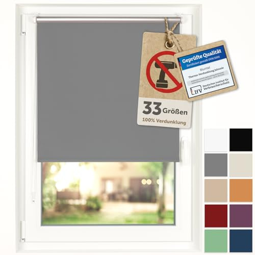 Blumtal Verdunkelungsrollo ohne Bohren 70x210cm - Thermorollo/Verdunklungsrollo 100% Verdunkelung - Klemmrollos für Fenster ohne Bohren - 4-lagiges Rollo UV-beständig - Abdunkelungsrollo Grau