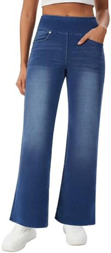 Amzdora Women’s High Waisted Jeans Pants Stretchy Pull On Bootcut Pants with Pockets Soft Wide Leg Casual Everyday Trousers Dark Navy 12