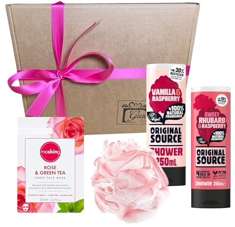Gracehill Gifts Shower Gel Gift Set for Her – Original Source Vanilla & Raspberry, Rhubarb & Raspberry (250ml), Shower Puff & Rose + Tea Tree Face Mask – Fruity Pamper Set for Teens & Women