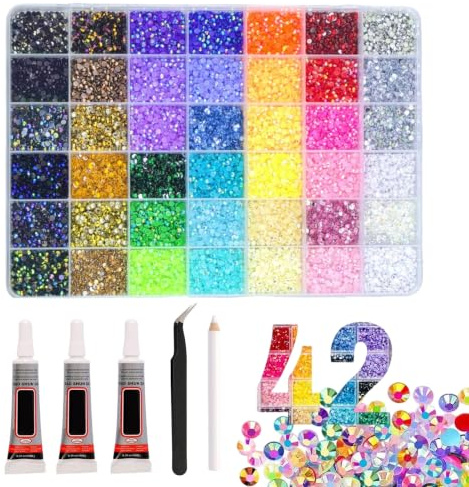 32 000 stycken bedazzler-kit med lim, 42 färger 3 mm strass för gör-det-själv | Akrylstenar av hög kvalitet, platt baksida, självhäftande, för nageldesign, ansiktsmakeup, textilier och hantverk