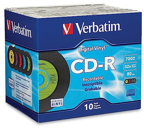 Verbatim CD-R Blank Discs 700MB 80min 52X Recordable Disc for Data and Music with Digital Vinyl Surface - 10pk Slim Case Blue/Green/Orange/Pink/Purple