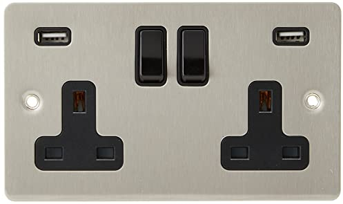 AET USBFSC2GSOCBL 13 A 2-Gang Satin Chrome Flat Double Plug Socket Dual USB Power Outlet W/USB Charging Ports with Black Insert Plastic Rocker Switches