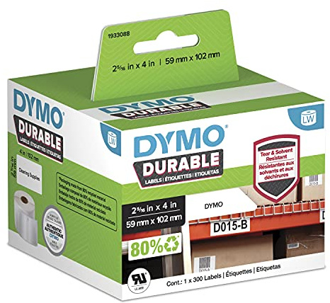 DYMO LabelWriter Etichette resistenti originali | 59mm x 102mm | Poliestere bianco | 300 etichette autoadesive | Alte prestazioni | Per stampanti di etichette LabelWriter