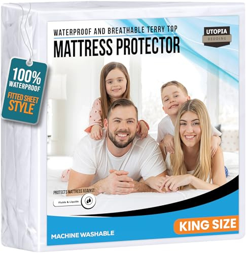 King Size Mattress Protector Waterproof, Premium 200 GSM Terry Mattress Cover, Soft & Breathable Bed Cover, Fitted Sheet Style Stretchable Deep Pockets 17 by Utopia Bedding (White)