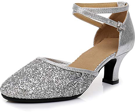 SWDZM Zapatos Baile Latino Mujer Cerrados Lentejuelas Salsa Profesionales Ballroom Pratice,Plateado,EU 36.5