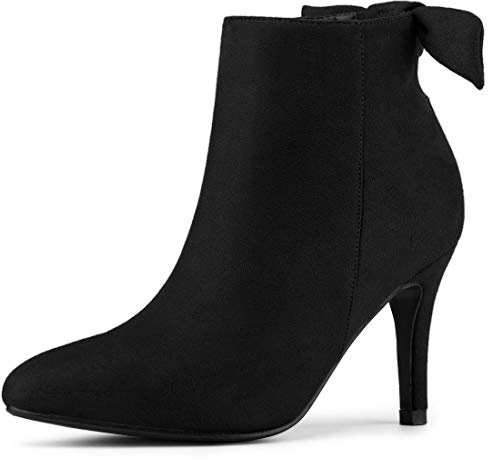 Allegra K Women Suede Pointed Toe Stiletto Heel Side Zip Ankle Boots | ABS Heel. Back Cutout Design. Bow Decor. Casual Chic Style. Pointed Toe. Side Zip. Stiletto Heel. Ankle Boots