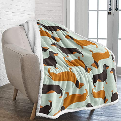 WONGS BEDDING Couverture Teckel Réversible Chien Imprimé Sherpa Couverture pour Enfants Ados Adultes Polaire Couverture Solide pour Lit, Canapé et Voyage 150x200cm