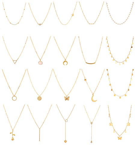 Honsny 20PCS 14K Gold Plated Choker Necklaces for Women, Dainty Gold Diamond Coin Pearl Pendant Simple Chain Necklace Set Cute Gold Layered Necklaces for Women Teen Jewelry Gifts