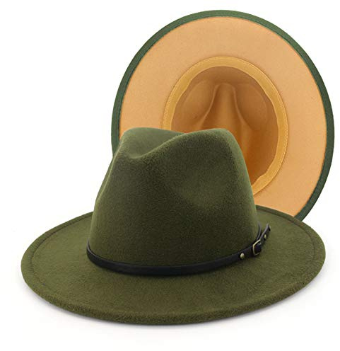 Gossifan Womens Wide Brim Panama Hat Patchwork Colors Classic Buckle Fedora Olive Green/Camel