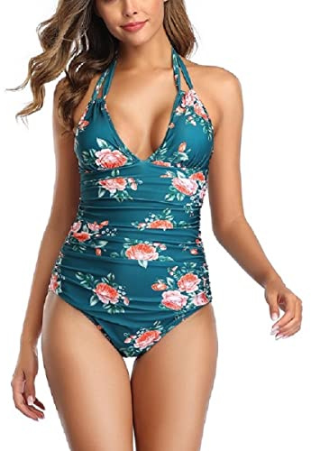 Sweetneed chida yi Banorer Dam Baddräkter Halter Halter Unna Tillbaka Baddräkter Mage Effekt Platt Baddräkter Kvinna Reducerare Ett stycke Baddräkter med Push-Up Verango, Mörkgrön, XXL