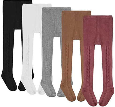 Lot de 5 collants en tricot torsadé pour bébé fille 1 à 8 ans, Blanc/noir/gris/rose violet/curcuma, 1-2 ans