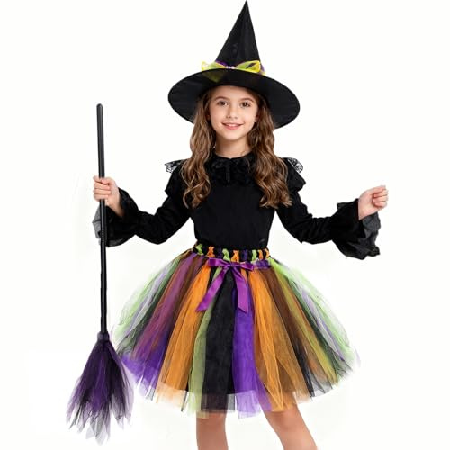 Hifot Costume Strega Bambina Tutu e Cappello Scopa ,Vestito Halloween Carnevale Cosplay