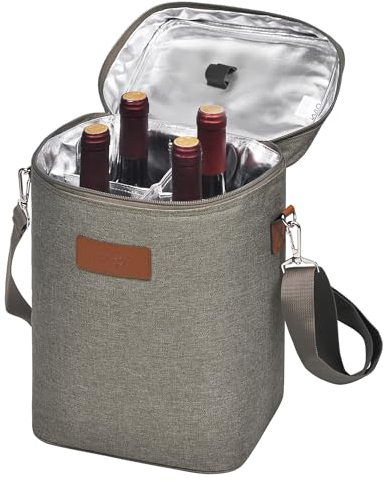 Kato Tirrinia Wine Cooler Bag Insulated Bottle Bag Wine Carrier, Bottles Cooler Bag Wine Gift Bag Portable with Strap Leakproof Padded for Picnic Party Camping, 4 Bottle, Gray