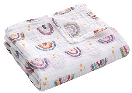 Miracle Baby Muselina bebé,110x150cm,Manta de Algodón,Swaddle Blanket de Arrullo para Bebe,Baño De Envolver para Recién Nacido(Estrella Arcoiris,Sola Capa)