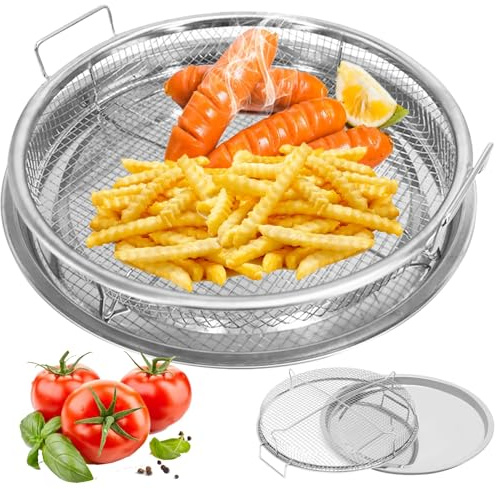 Air Fryer Basket for Oven,2 Pieces Set Round Silver 12.9'' Non-stick Steel Mesh Air Fryer Baking Tray Accessories Rack Roasting Grill Basket for Convection Oven Air Fryer, Dishwasher Safe