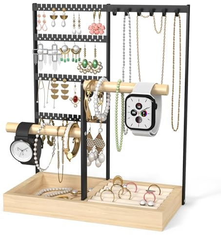 ADWOLT Présentoir à bijoux,tour de bijoux à 4 étages,support pour bagues,colliers,présentoir avec support pour boucles d'oreilles et trous,colliers à suspendre,arbre(noir)