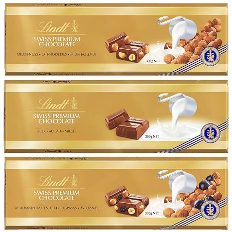 Swiss Lindt Chocolates Bars Bulk Buy - Luxury 3 x 300g Irresistible Smooth Hazelnut, Milk Bar & Hazelnut - Raisins Golden Milk Chocolate Bars for Chocolate Hamper, Birthday Gifts with Topline Card