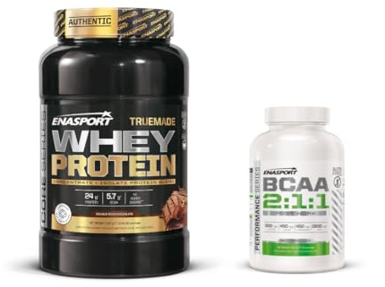 Pack Truemade Whey Protein 907 g + BCAA 90caps, ENASPORT Favorece la recuperacion y el crecimiento muscular. Aminoacidos ramificados Leucina, Isoleucina, Valina. (907, Chocolate)