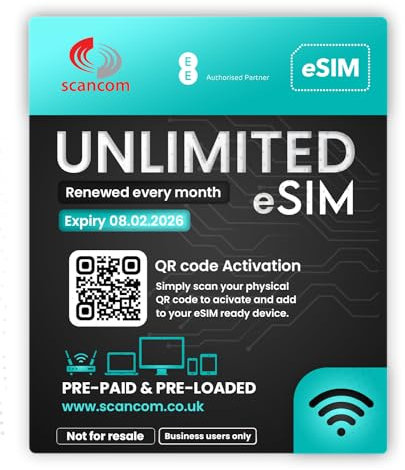 EE Unlimited e-SIM Card - Preloaded data each month until 8th February 2026 - No Contract & One-off payment - Business-Grade Data for Wifi Routers, Tablets & Phones. (e-Sim expiry February 2026)