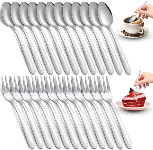 Meenewching Gabel und Löffel Set - 12 Stück Teelöffel und 12 Stück Kuchengabeln, 24 Stück Edelstahl Löffel und Gabeln, Kaffeelöffel, Besteck Set für Haus, Partys, Restaurant, Küche, Hochzeit