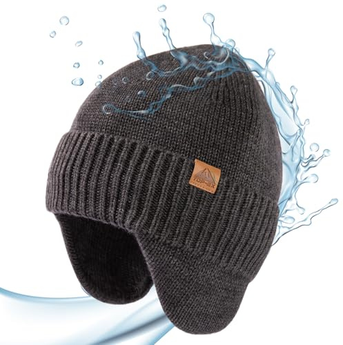 TOP-EX XL/XXL Unisex 80% laine mérinos imperméable Beanie avec cache-oreilles bonnet d'hiver chaud en tricot avec doublure en polaire, M/L