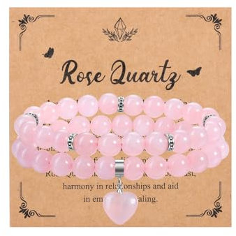 JSDDE 2pcs Rose Quartz Heart Crystal Bracelet for Women Healing Crystal Bracelet Set Gemstone Beads Bracelets Jewellery Gifts for Birthday Valentines Christmas