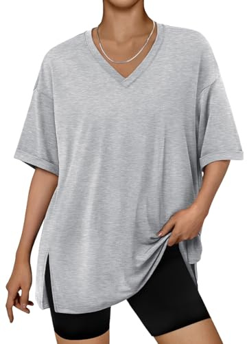 Trendy Queen Plus Size Oversized V-Neck Tshirt Breathable Elastic Fabric Tunic for Workout Gym Casual Homing Wear Grey S