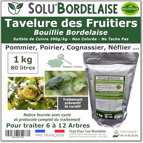 Solu'Bordelaise - Tavelure des Fruitiers - 1 kg de Bouillie Bordelaise Non Colorée - Fongicide Polyvalent à base de Sulfate de Cuivre 200 g/kg - Doseur Inclus - Utilisable en Agriculture Biologique