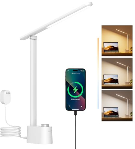 Honeywell Lámpara de escritorio LED con puertos de carga USB, H01 continua regulable, luz de escritorio Sunturalux para oficina y hogar, lámpara de mesa plegable para dormitorio, mesita de noche