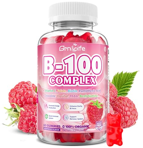 Vitamin B Complex Gummies, All B Vitamins + Methyl B12, B1, B2, B3, B5, B6, Biotin, Methylfolate, Vitamin C, Choline, Inositol, PABA for Energy & Immune Support, Raspberry Flavor, 60 Count