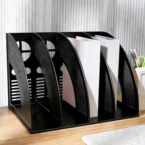 A4 File Holder, 4 Sections Magazine File Folder Desk Organizer, Black | Plastic Desk Files Organiser, Black Files Storage Folder Document Rack, Vertical Magazine Rack, for Office Storage Organiser
