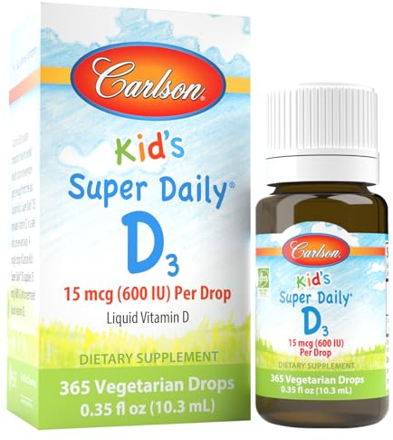 Carlson - Kid's Super Daily D3, Vitamin D Drops for Kids, 400 IU per drop, 1-Year Supply, Heart & Immune Health, Vegetarian, Liquid Vitamin D Drops, Unflavored, 365 drops
