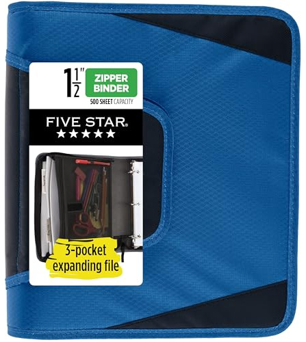 Five Star Zipper Binder, 1-1/2 Inch 3-Ring Binder with Round Rings, 3-Pocket Expanding File, 500 Sheet Capacity, Blue (72202)