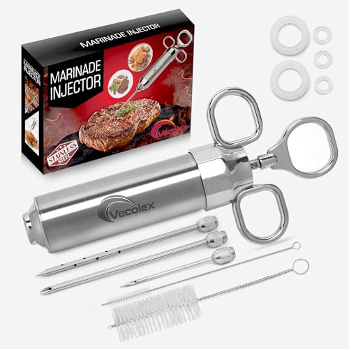 Vecolex Stainless Steel Meat Injector Marinade Syringe Heavy Duty 2 Oz with 3 Needles 3 Brushes Spare O Rings Users Manual and Recipe E-Book (PDF)