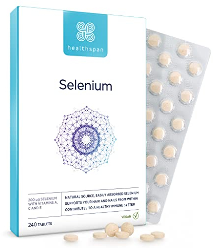 Healthspan Selen | Hochabsorbierbar | Mit Vitamin C, A & E | Unterstützung für Haar-, Nägel- und Hautgesundheit | Umfassende Unterstützung des Immunsystems & Zellschutz | Vegan | 240 Tabletten