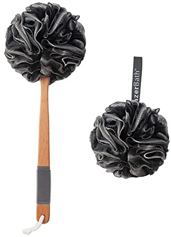 AmazerBath Shower Sponge Loofah Back Scrubber, PE Soft Mesh Loofah Body Scrubber with Long Wooden Handle, Bath Sponge for Men Women (Black)
