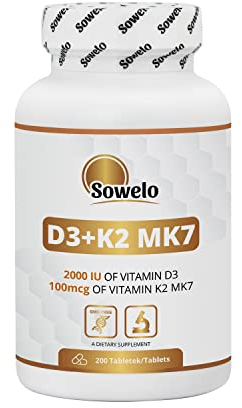 Sowelo - Natürliches Vitamin D3 I Tabletten 2000 IE + K2 MK7 100 mcg I Unterstützt die Blutgerinnung I Verbessert die Konzentrationsfähigkeit I 200 Kapseln