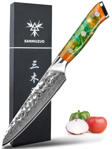 SANMUZUO 13 cm Allzweckmesser für Obst und Gemüse - Profi Kochmesser, Gehämmertem Damaskus Stahl und Harz Griff - Yao Serie Damastmesser