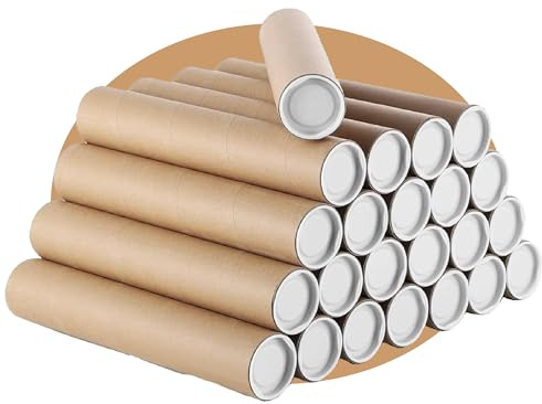 PACKZONE A3 Postal Tubes with Lids – Pack of 50 Heavy-Duty Cardboard Tube for Mailing Posters, Documents & Artwork, Packaging Roll with Plastic End Caps – Parcel, Posting & Shipping Tubes