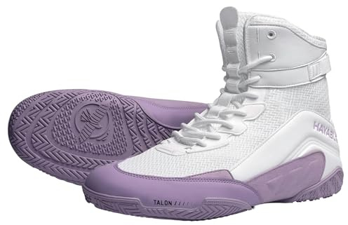 Hayabusa Talon Boxing Shoes for Men and Women Lace Up Lightweight Mid High Top - White/Lavender, 7