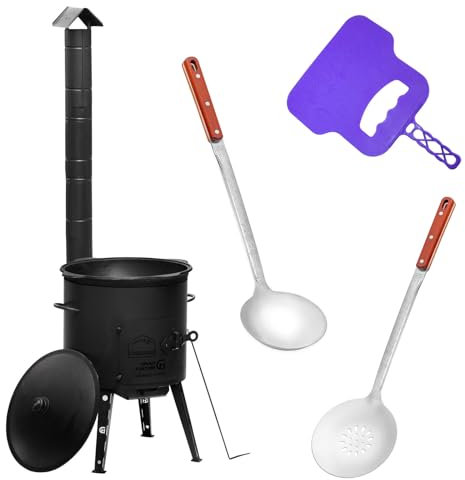 Uchag Ø36 Uchag 2 mm acier Utschak avec tuyau d'évacuation 8 l Kazan rond compartiments pour barbecue louche à soupe Utschak Utschag Kazan Cuisine de champs Cuisine extérieure Four à ragoût canon à