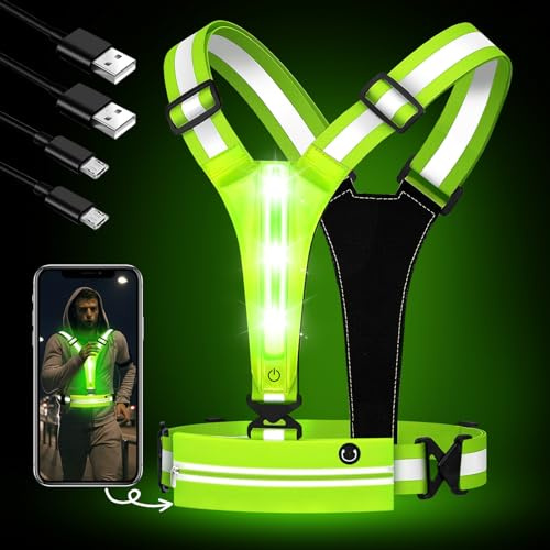 LED sécurité Rechargeable USB, Gilet Réfléchissant Running à LED pour Course à Pied, Gilet Velo Clignotant Rechargeable par USB, 3 Modes, Support de téléphone pour Coureurs, Le Jogging, Vélo la Nuit