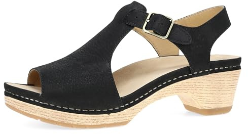 Dansko Laverne Peep-Toe Sandals for Women - T-Strap Design with Stain Resistant Nubuck Leathers Black 7.5-8 M US