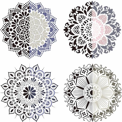 4 Pcs Large Mandala Art Stencils Kit, Reusable DIY Drawing PaintingTemplate | for Wood Wall Art Designs, Flowers Dotting Scale Stencils for Floors, Window, Furniture, Wood, Wall Design (Template 1)
