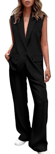 Keepink Ensemble gilet et pantalon 2 pièces pour femme avec col en V, sans manches, boutonné, pantalon large et blazer, ensemble d'été assorti en coton et lin, 067 Noir, M