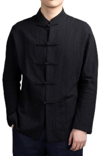 HEIBTENY Men's Chinese Tang Suit Uniform Jacket Traditional Kung Fu Tai Chi Coat, Solid Color, Long Sleeve (2XL Black)
