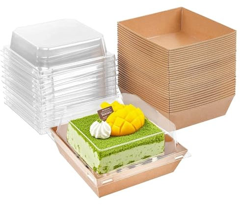 30 PCS Cake Slice Box with Clear Lids for Portions - Oil-Proof Paper Charcuterie and Dessert Food Container for Cupcake, Sandwich Takeaway - 12 x 12 x 6.5 cm Brown